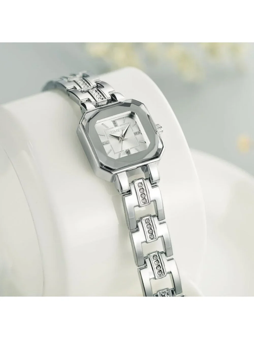 Women All Silver Analog Quartz Diamonds Waterproof Movement Bracelet Wrist Watch